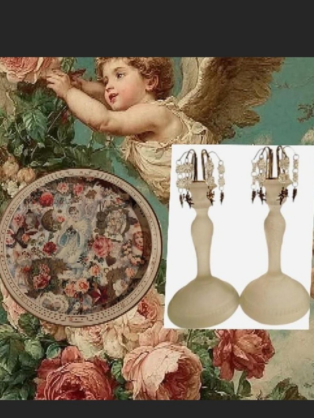 VTG Whimsical Cherub Decor Lot-pair Of Frosted Glass Candle Holders & Tin Tray